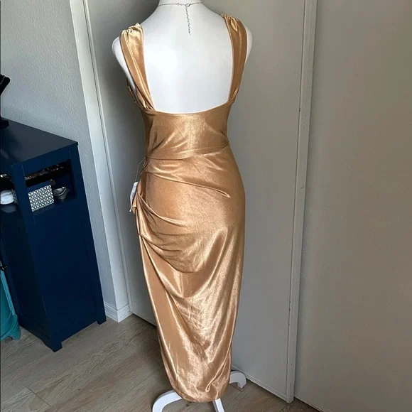 New ASOS Sleeveless Gold Sheen Cowl Neck Ruched Formal Prom Evening Dress - Picture 10 of 16